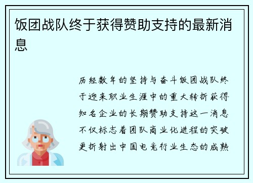 饭团战队终于获得赞助支持的最新消息